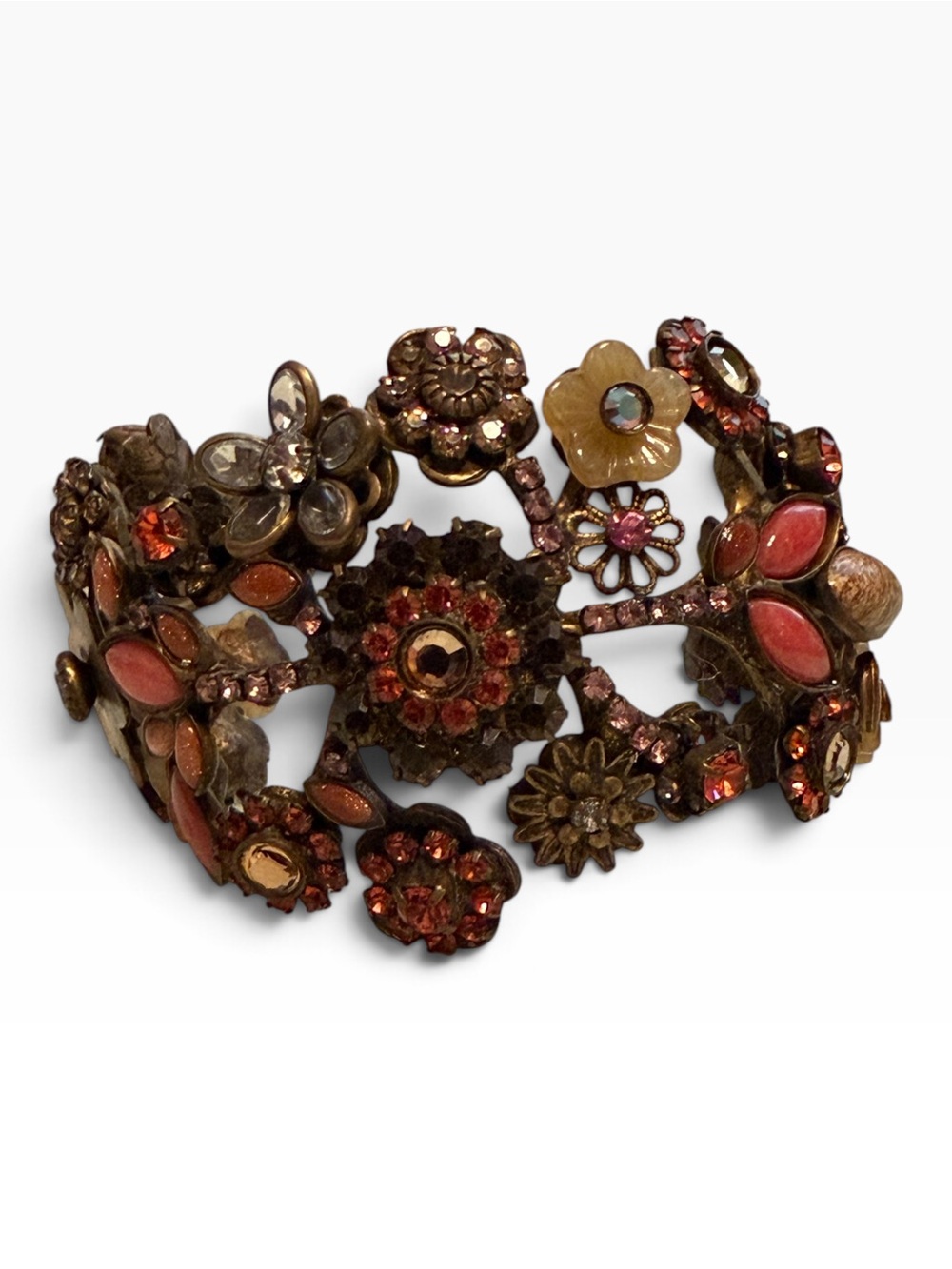 Sorrelli  floral crystal cuff bracelet antique brass finish gold coral pink